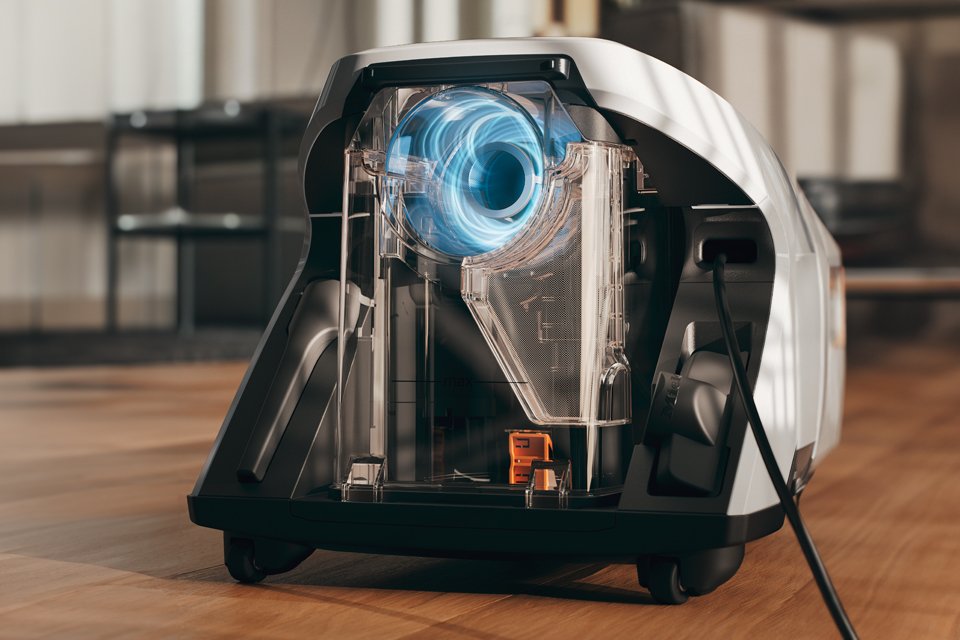 Rear end of Miele's Blizzard vacuum cleaner, showing filter with graphic overlay to imitate air filtration.